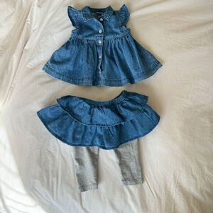 Bundle of Baby Gap Denim Polka Dot Ruffled Top &‎ Skirt Leggings, 3-6 mos